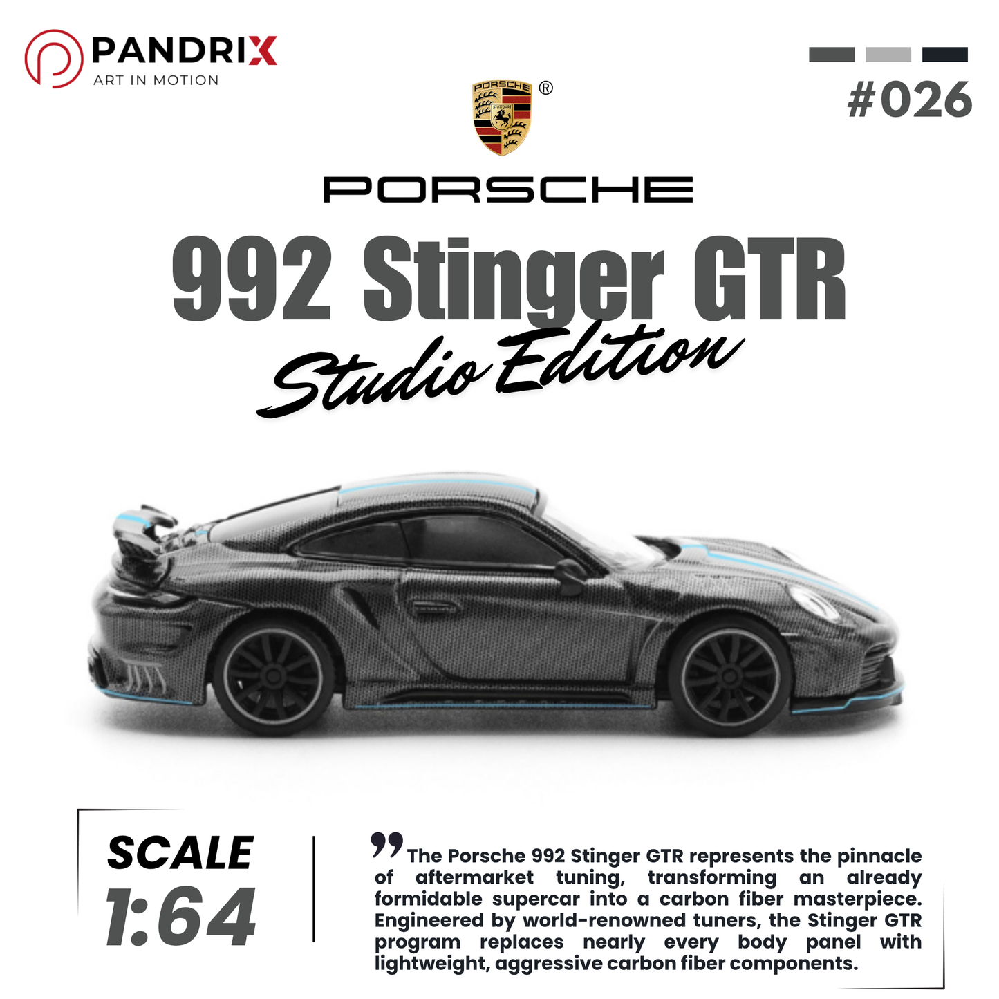 [Pre-Order] Porsche 992 Stinger GTR 1:64 | Carbon Edition (Blue Line) | PANDRIX × POP RACE