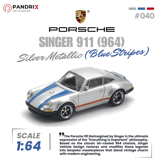 Porsche Singer 911 (964) 1:64 | Silver Metallic (Blue Stripes) | POP RACE